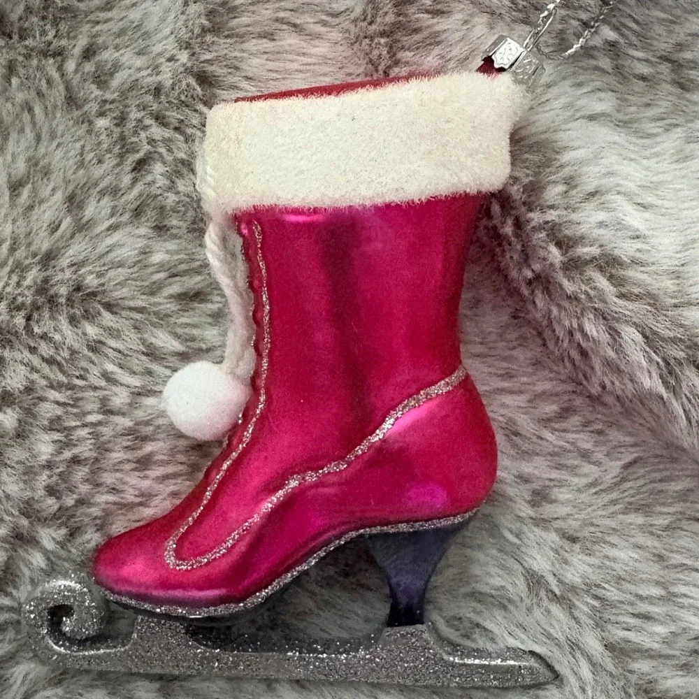Ice Skate with Heals Glass Blown Christmas Ornament Fur Trim Pom Pom Glitter